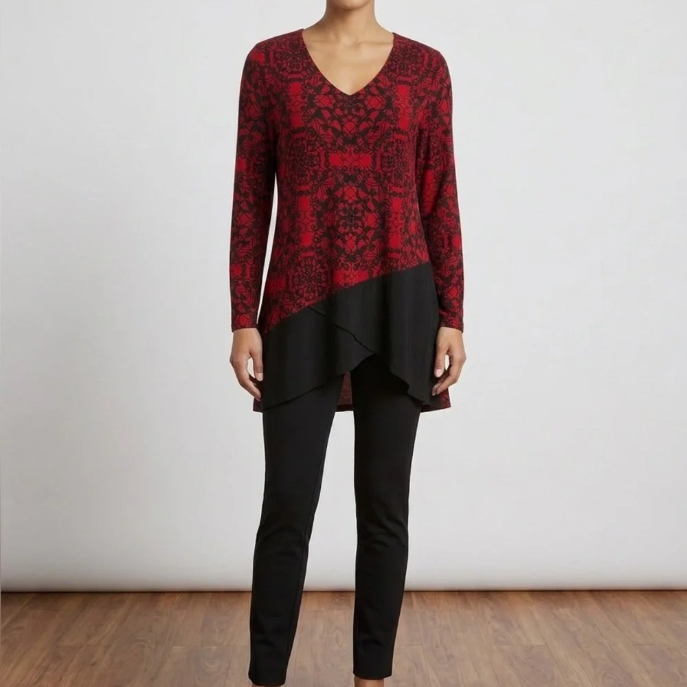 Women's Red and Black Asymmetrical Top - Picture 3 of 4